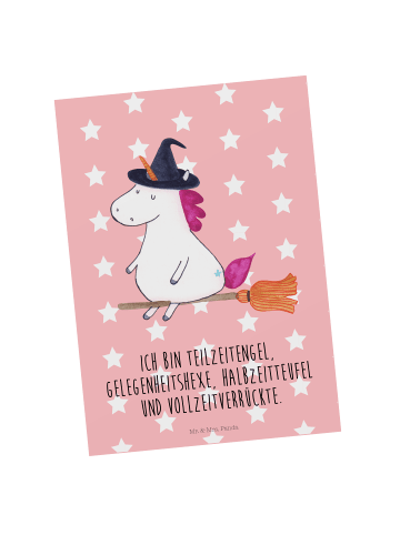 Mr. & Mrs. Panda Postkarte Einhorn Hexe mit Spruch in Rot Pastell