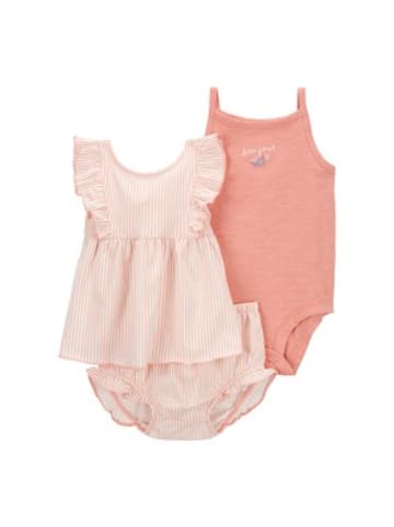 carter's 3-tlg. Set Body ohne Arm, Kleid Flügelarm und Shorts Ringel Rüsche in Rosa