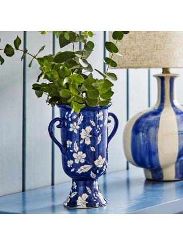 Bloomingville Vase AMARA mit Henkeln Blau mit Weißem Blumen Muster 21x12 cm