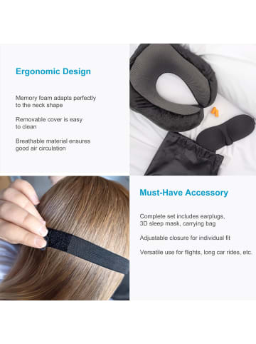 Intirilife Nackenkissen Memoryfoam mit Augenmaske Ohrstöpsel in Schwarz