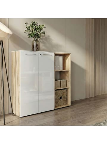 KADIMA DESIGN Büro-Set 2-tlg 120cm hoch Kommode x Regal, Glas Front in Chalet-Eiche-Nb.-Weiß