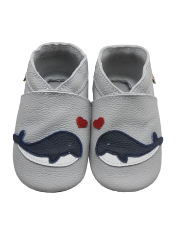 Yalion Hellgraue Krabbelschuhe aus Leder mit rutschfester Sohle – Wal-Muster