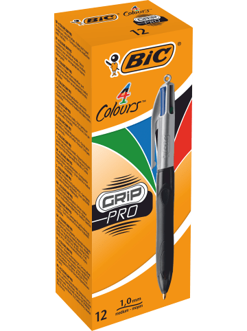 Bic Kugelschreiber 4 Colours Grip Pro mit gummierter Griff-Fläche, 12er Pack