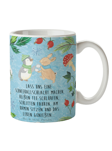 Mr. & Mrs. Panda Tasse Pinguin Hase Schneeballschlacht mit Spruch in Eisblau