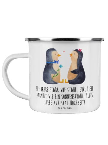 Mr. & Mrs. Panda Camping Emaille Tasse 11. Hochzeitstag Stahlhoc... in Weiß