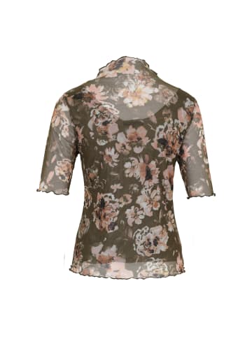 Zero  Mesh-Blumen-Shirt mit hohem Kragen in KhakiCream