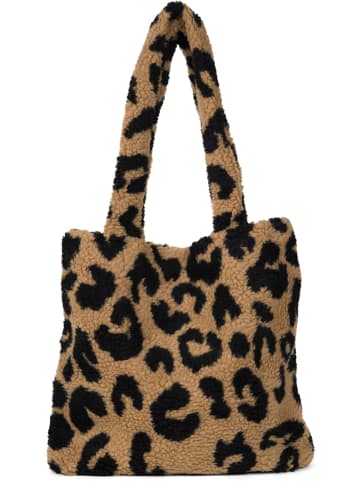 styleBREAKER Teddyfell Schultertasche mit Leo Muster in Braun-Schwarz