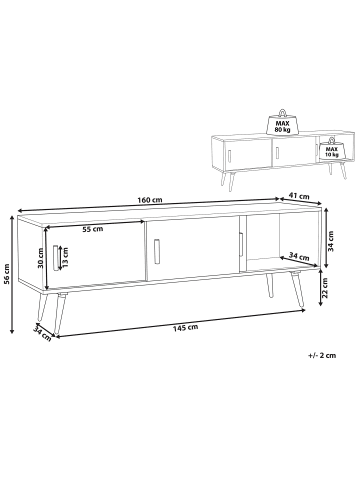 Beliani TV-Möbel INDIANA in Weiß/Grau/Braun - (W) 160 x (H) 55 x (L) 40 cm
