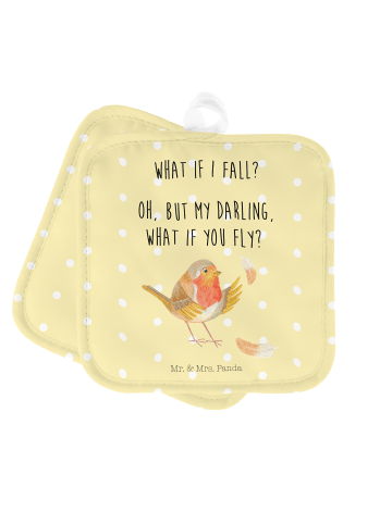 Mr. & Mrs. Panda Topfuntersetzer Rotkehlchen Federn mit Spruch in Gelb Pastell