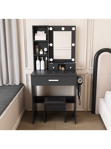 ABRIHOME Schminktisch in Schwarz 60x38x131,5 cm mit LED Spiegel Steckdose Hocker