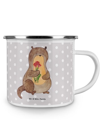 Mr. & Mrs. Panda Camping Emaille Tasse Otter Blumenstrauß ohne S... in Grau Pastell