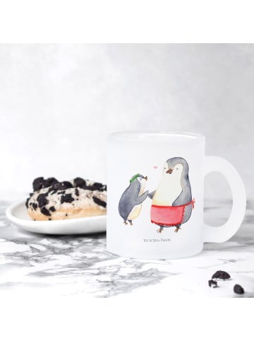 Mr. & Mrs. Panda Teetasse Glas Pinguin mit Kind ohne Spruch in Transparent