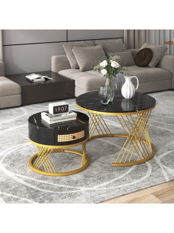 ABRIHOME Rundes 2-in-1 Couchtisch-Set in Schwarz mit Marmoroptik – Ø70/50, H 45/38 cm