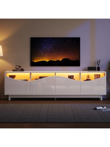 ABRIHOME TV Schrank in Weiß Hochglanz mit Glastür und LED Beleuchtung 175x38x51 cm