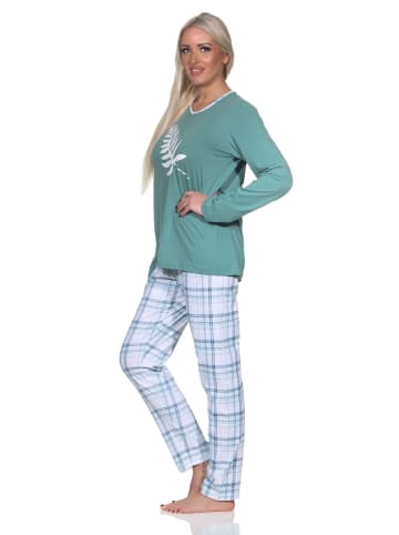 NORMANN Damen Schlafanzug langarm in tollen Farben mit Karo-Muster - 86313 in blau