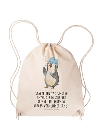 Mr. & Mrs. Panda Sportbeutel Pinguin Duschen mit Spruch in Creme