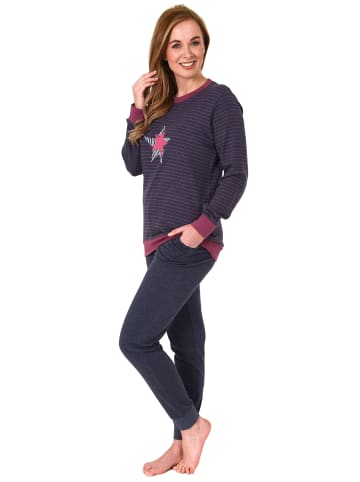 NORMANN Frottee Pyjama Bündchen Streifen und Sternen - 75888 in marine