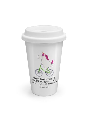 Mr. & Mrs. Panda To Go Becher Einhorn Radfahrer mit Spruch in Weiß