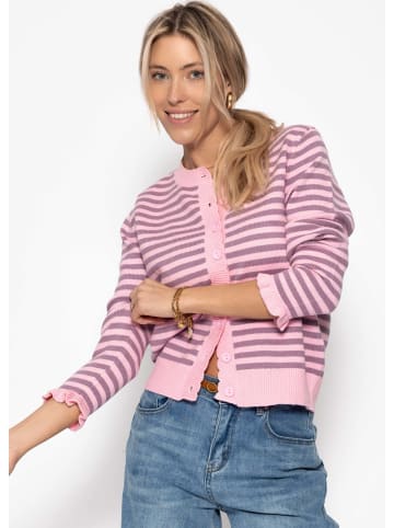 SASSYCLASSY Gestreifte Strickjacke mit Volants in Rosa