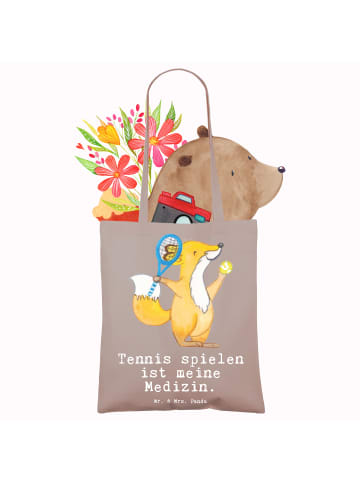 Mr. & Mrs. Panda Tragetasche Fuchs Tennis spielen mit Spruch in Braun Pastell