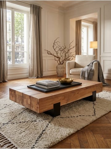 KADIMA DESIGN Couchtisch Industrie-Stil, Akazienholz & Schwarz Metall, 130x25x59 cm