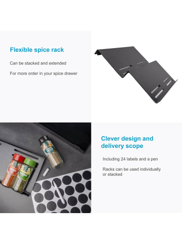 Intirilife Gewürzregal für Schublade mit Etiketten in Schwarz