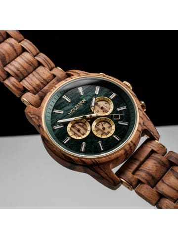 Holzkern Herrenuhr Chronograph Blätterdach Zebrano/Marmor Grün / Braun