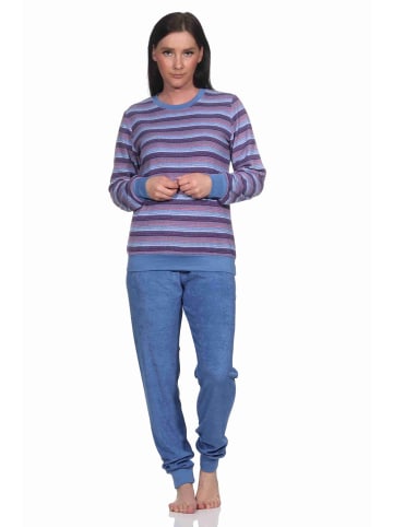 NORMANN Frottee Schlafanzug Bündchen Streifendesign - 76939 in blau-melange