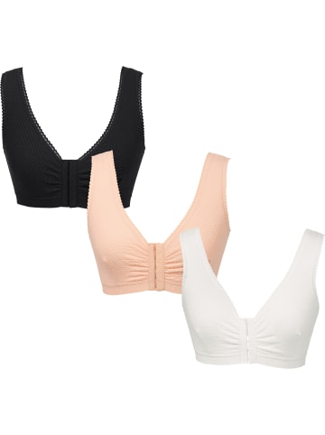 MedoVital Baumwolle Vorderverschluss-BH ohne Bügel 3er-Pack in weiß/haut/schwarz