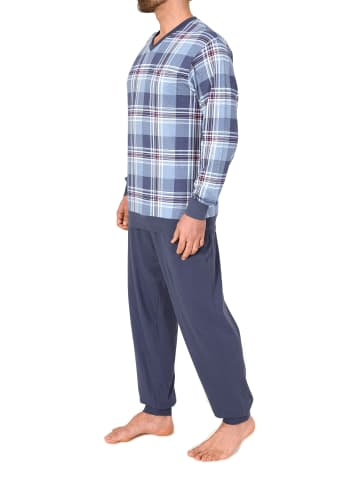 NORMANN Langarm Schlafanzug Bündchen Jersey und karierten Pyjama Oberteil in blau