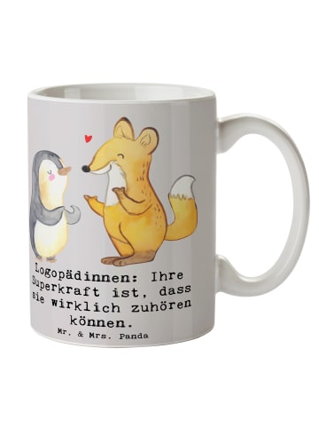 Mr. & Mrs. Panda Becher Logopädin Superkraft mit Spruch in Grau Pastell