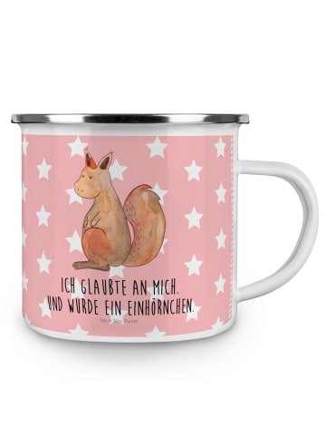 Mr. & Mrs. Panda Emaille Tasse Einhorn Glauben mit Spruch in Rot Pastell