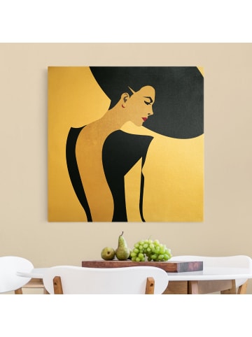 WALLART Leinwandbild Gold - Dame mit Hut in Dunkelblau in Blau