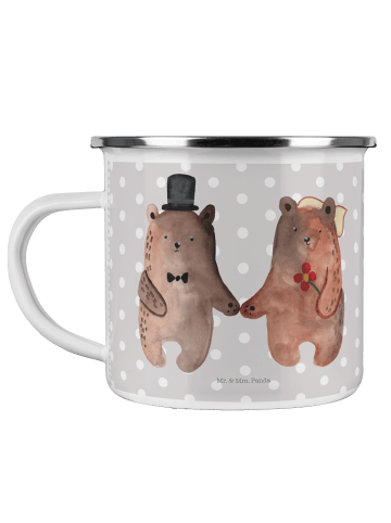 Mr. & Mrs. Panda Camping Emaille Tasse Bär Heirat ohne Spruch in Grau Pastell