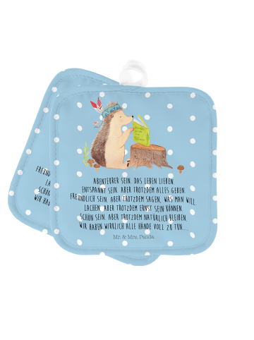 Mr. & Mrs. Panda 2er Set Topflappen  Igel Federschmuck mit Spruch in Blau Pastell