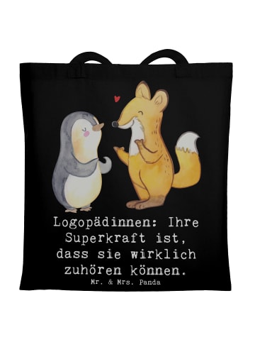 Mr. & Mrs. Panda Tote Bag Logopädin Superkraft mit Spruch in Schwarz