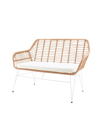 SalesFever Sitzbank Rattanoptik Natur In-und Outdoor geeignet mit Metallgestell in Weiß
