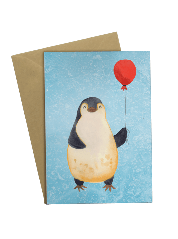 Mr. & Mrs. Panda Grußkarte Pinguin Luftballon ohne Spruch in Eisblau