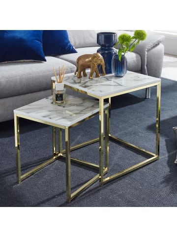 KADIMA DESIGN Beistelltisch 2er-Set | Marmor-Optik, Weiß/Gold, Modern in Weiß
