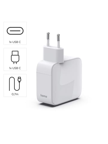 Hama Schnellladegerät GaN, 2x USB-C, ausziehbares Ladekabel, PD, 65 W, W