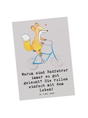 Mr. & Mrs. Panda Postkarte Radsport Glück mit Spruch in Grau Pastell