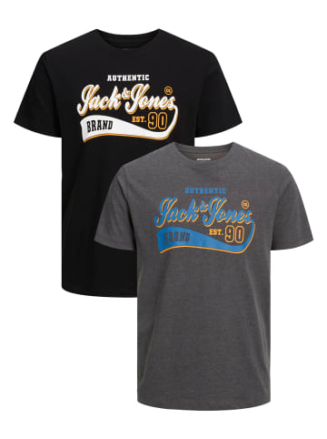 Jack & Jones 2-er Set Logo T-Shirt Kurzarm Basic Shirt JJELOGO in Grau-Schwarz