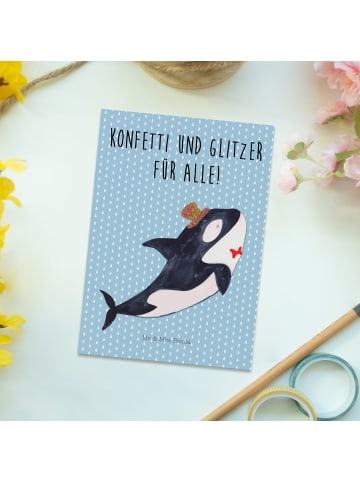 Mr. & Mrs. Panda Postkarte Orca Zylinder mit Spruch in Blau Pastell