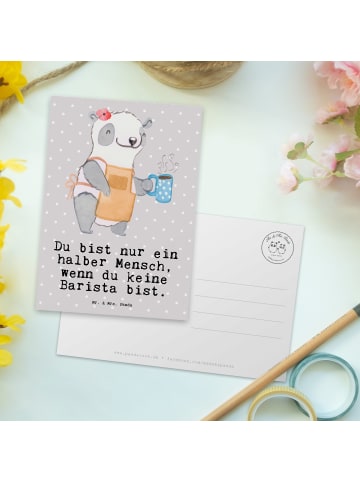 Mr. & Mrs. Panda Postkarte Barista Herz mit Spruch in Grau Pastell
