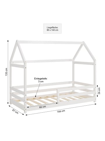 Homestyle4u Hausbett 80x160 mit Lattenrost in Weiß