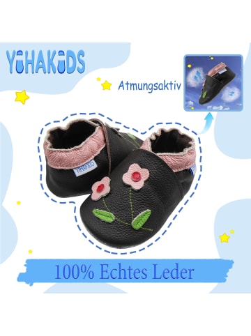 Yihakids Schwarze Baby-Laufanfänger aus echtem Leder Blumenmuster 
