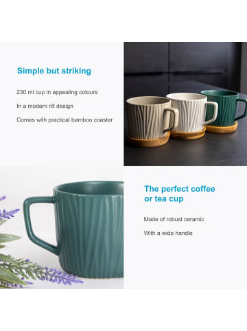 Intirilife Kaffeetasse Teetasse Keramik mit Holz Untersetzer 230 ml in Grün
