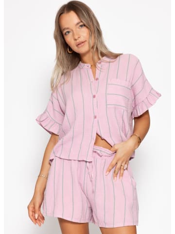 SASSYCLASSY Gestreifte Musselin Bluse mit Volants in Rosa