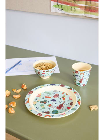 Rice Melaminteller - Bunter ABC Print in blau