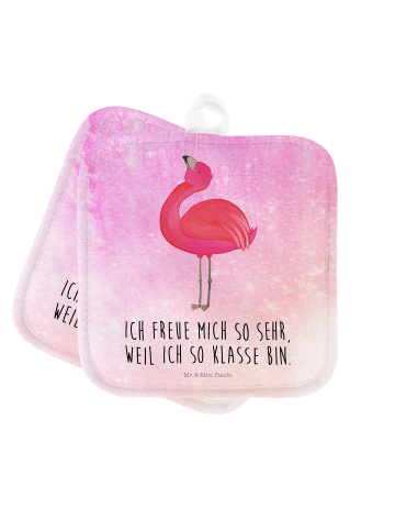 Mr. & Mrs. Panda Topflappen Flamingo Stolz mit Spruch in Aquarell Pink